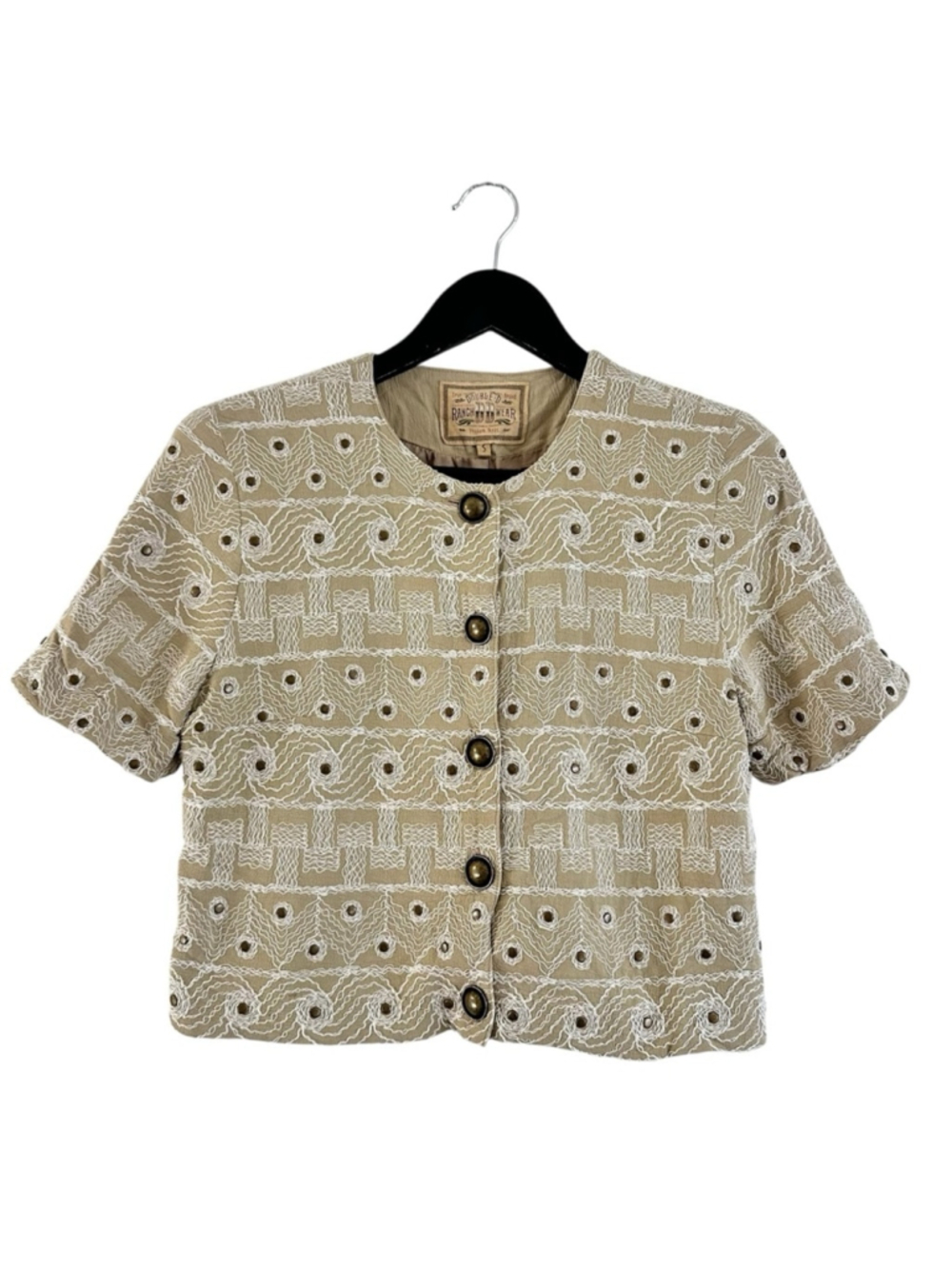 Double D Ranch Beige Textured Embroidered Buttoned Top Small - Picture 2 of 11